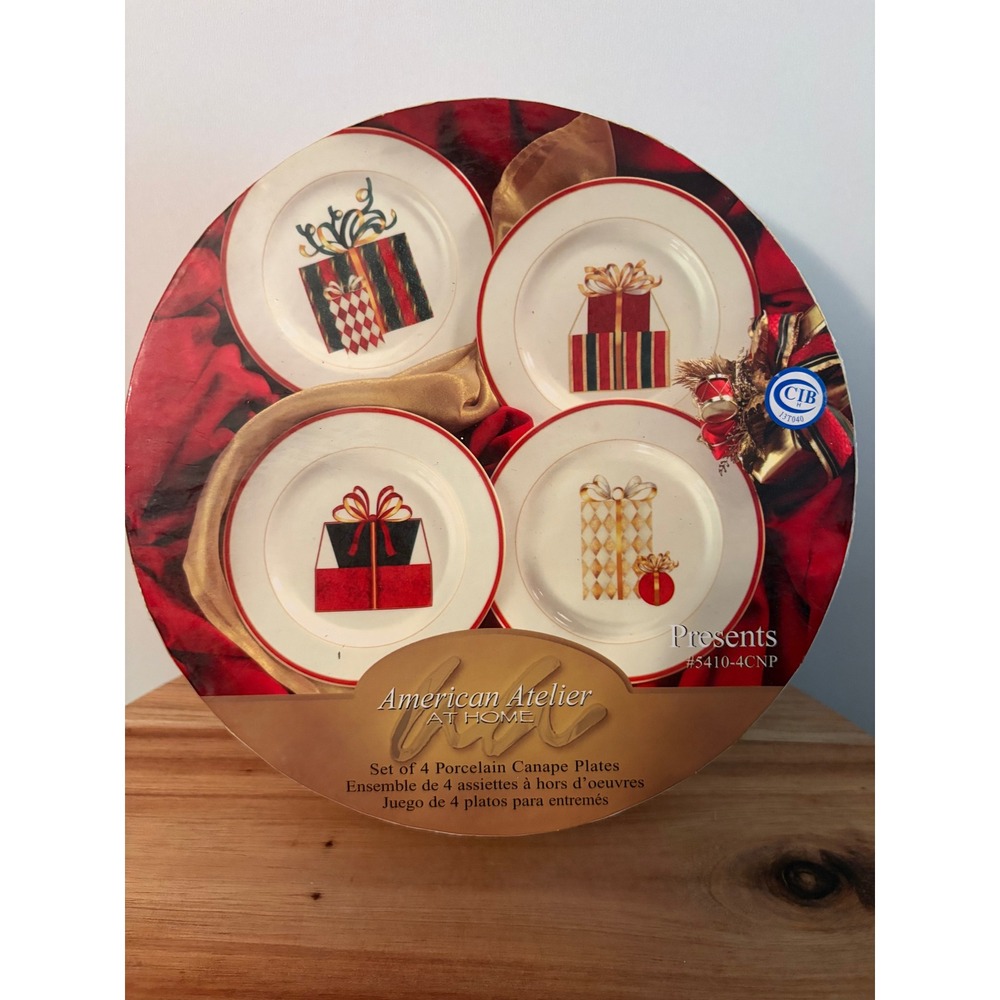American Atelier at Home Christmas Dessert Plates Presents 5410-4CNP in Box